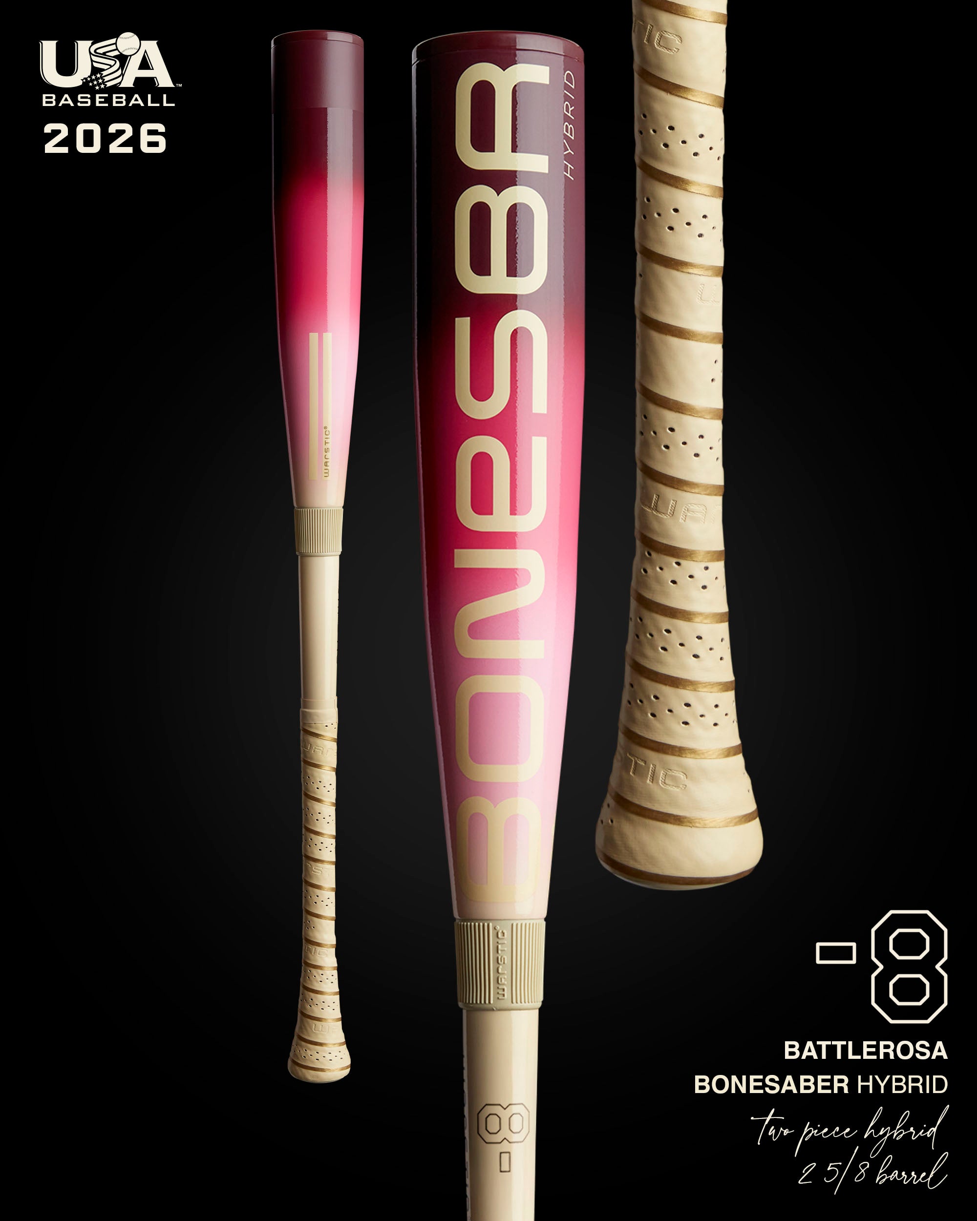 2026 Bonesaber Hybrid Battlerosa USA Metal Baseball Bat -8 - 32 In. 24 Oz. Drop 8 2026 Bonesaber Hybrid Battlerosa USA Metal Baseball Bat -8 - 32 In. 24 Oz. Drop 8