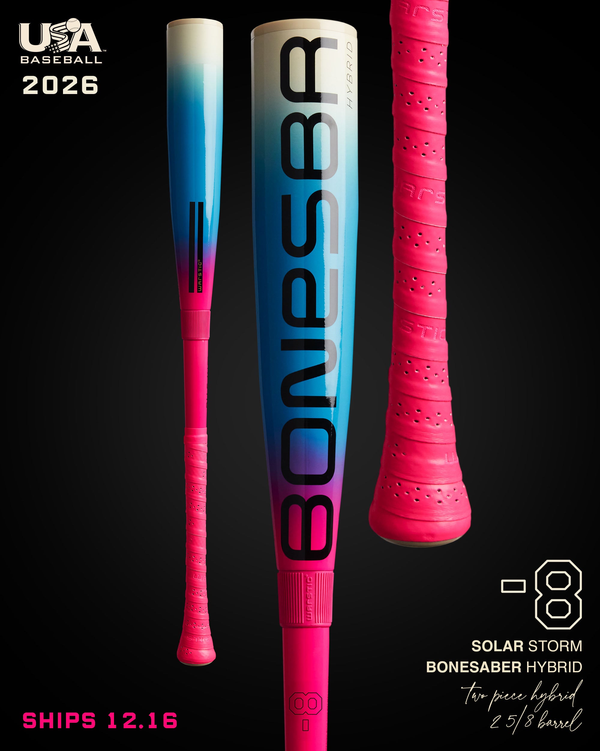 2026 BONESABER HYBRID SOLAR STORM USA METAL BASEBALL BAT -8 (ships 12/16)