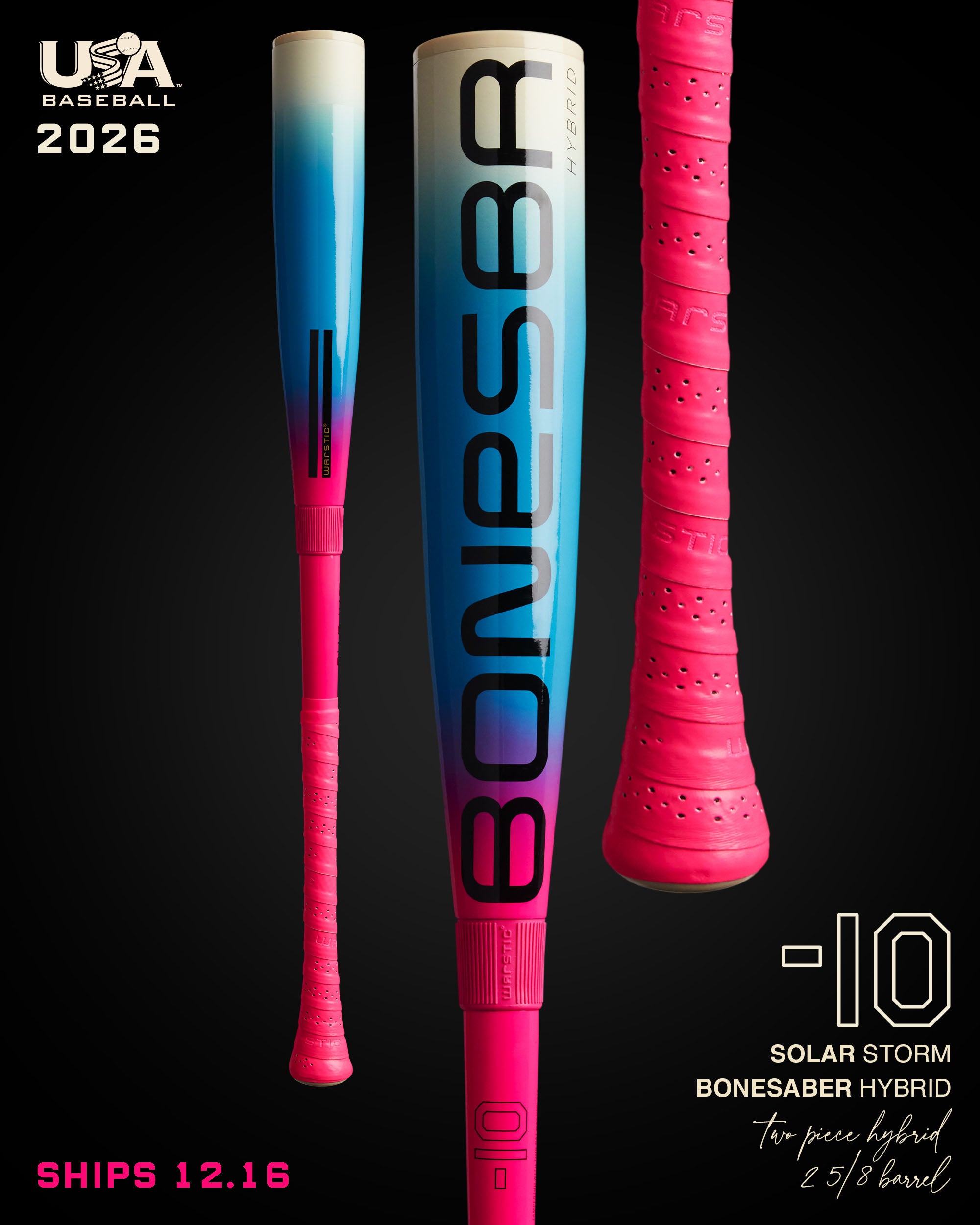 2026 BONESABER HYBRID SOLAR STORM USA METAL BASEBALL BAT -10 (ships 12/16)