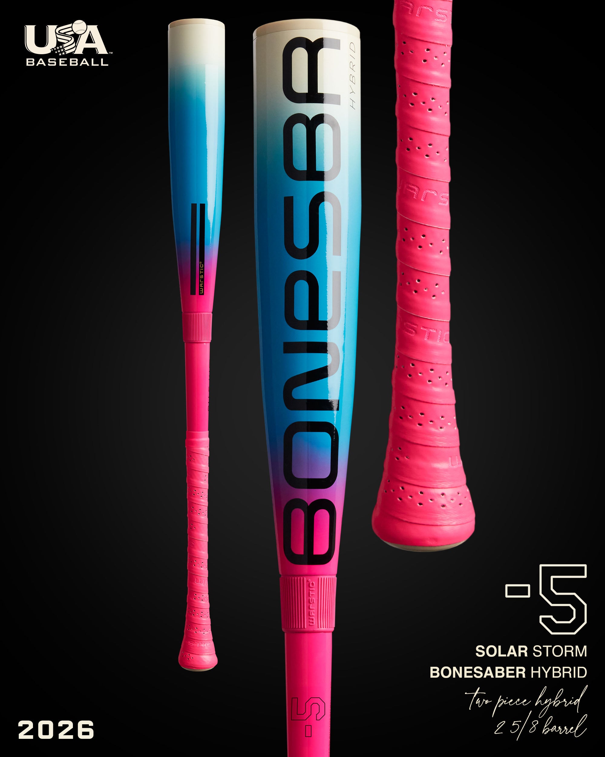 2026 BONESABER HYBRID SOLAR STORM USA METAL BASEBALL BAT -5 – Warstic